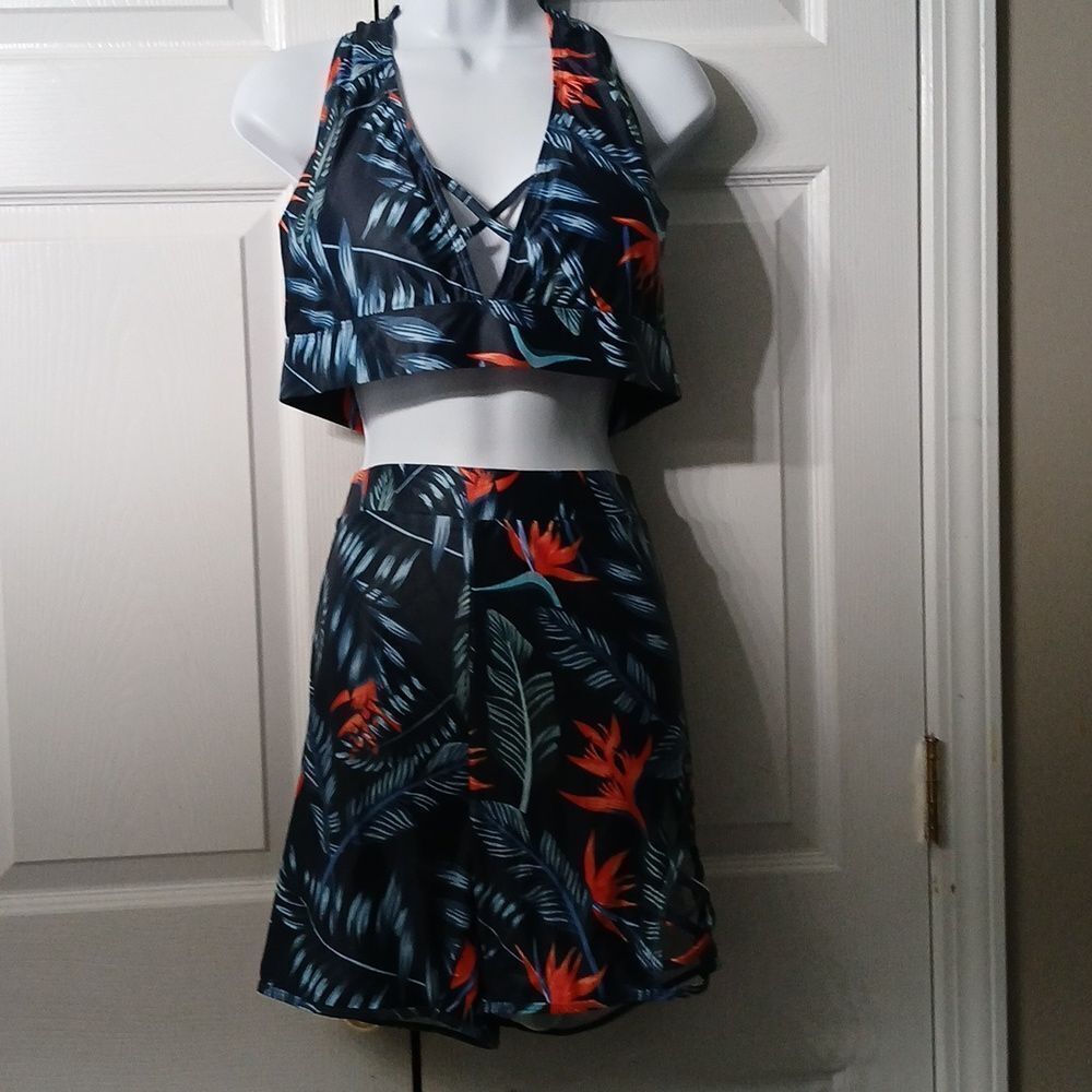 2pc tropical floral hawaiian print bikini top and short set Sz XXL NWOT